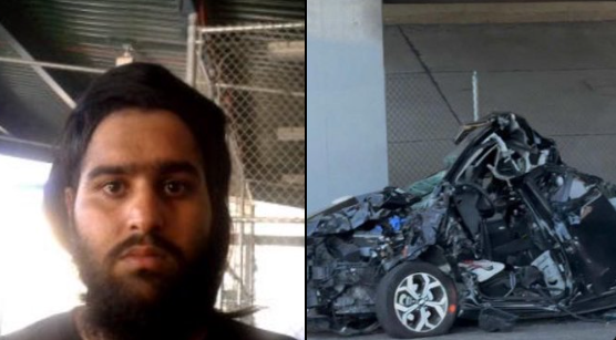 Split image: left a man with dark hair and beard looking at the camera; right a severely crashed black car.