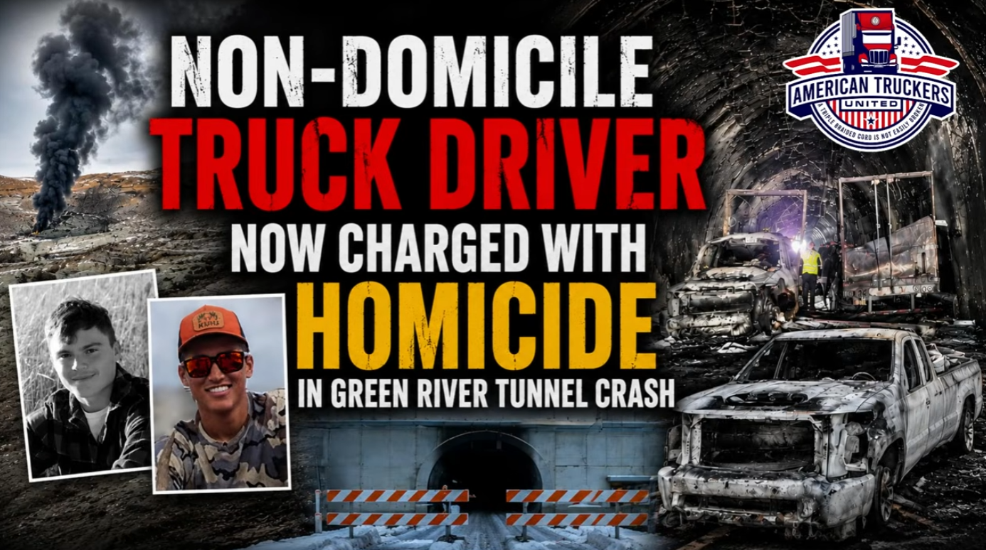 Thumbnail news poster announcing a truck driver charged with homicide in the Green River tunnel crash, with wrecked trucks and victim photos.