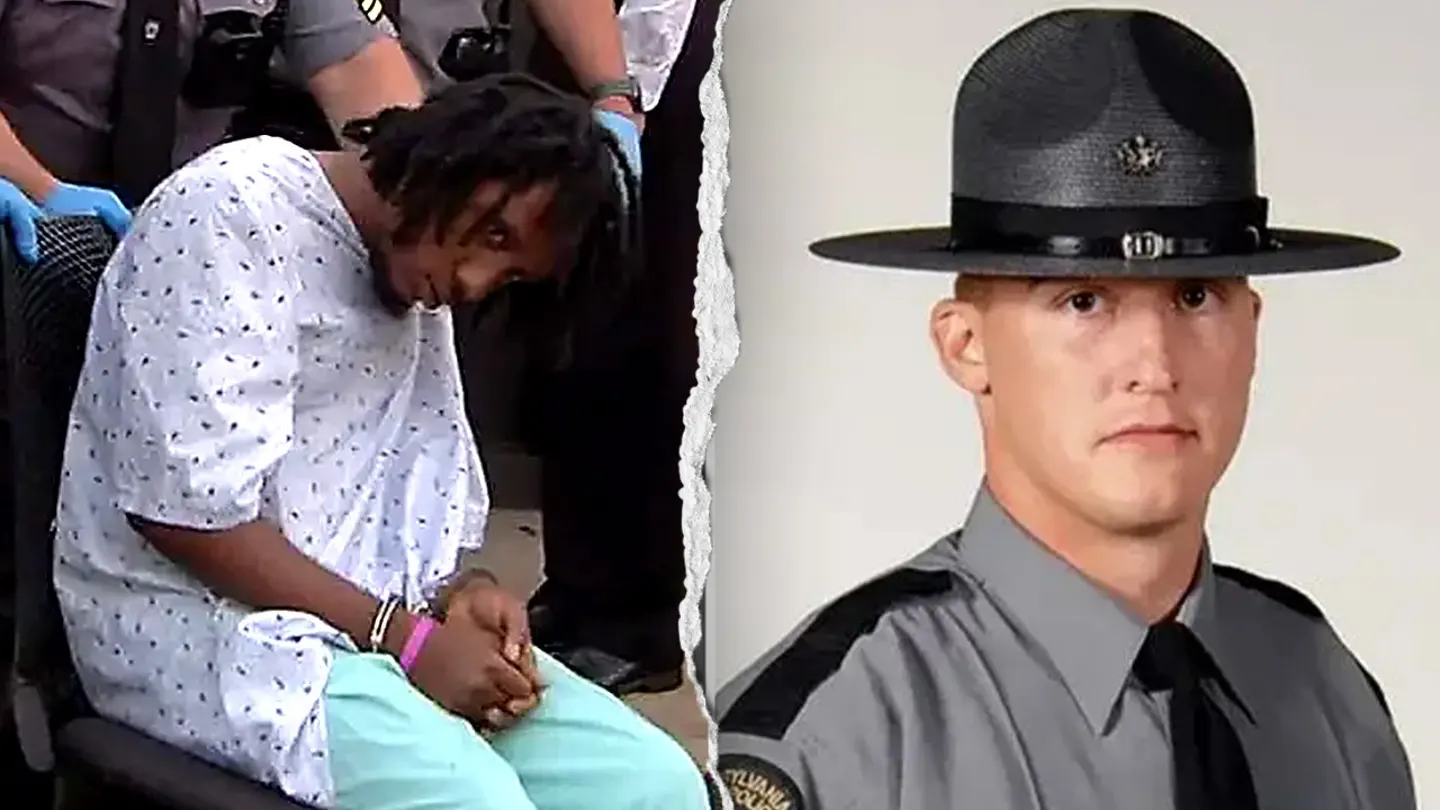 Split image: left shows a man in a hospital gown with hands cuffed, seated and escorted by officers; right shows a police officer in uniform and wide-brimmed hat.