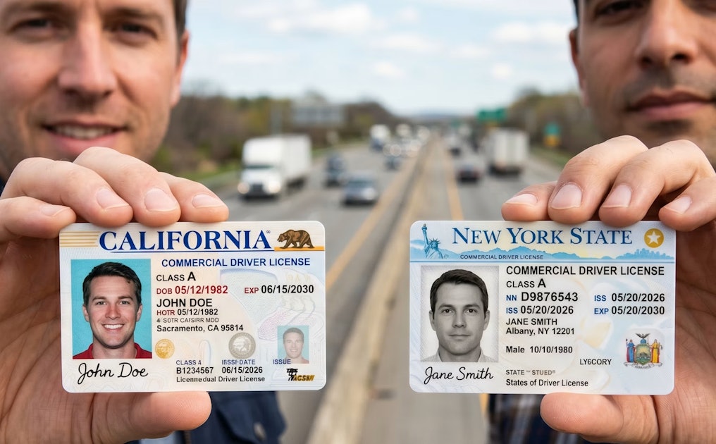 Two men hold up California and New York driver licenses in the foreground, on a highway background, cards facing the camera showing photos and personal details (names redacted).