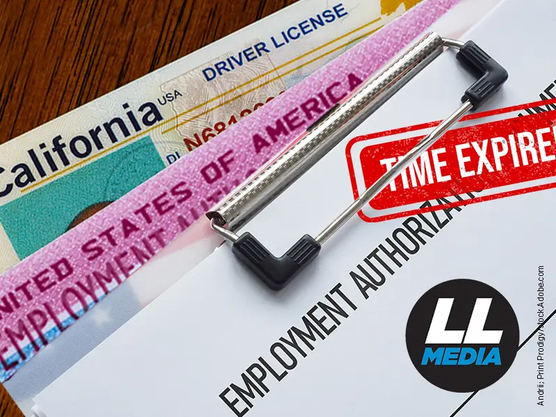 Employment Authorization document with a red 'TIME EXPIRED' stamp over a background of a California driver's license and an EAD form.