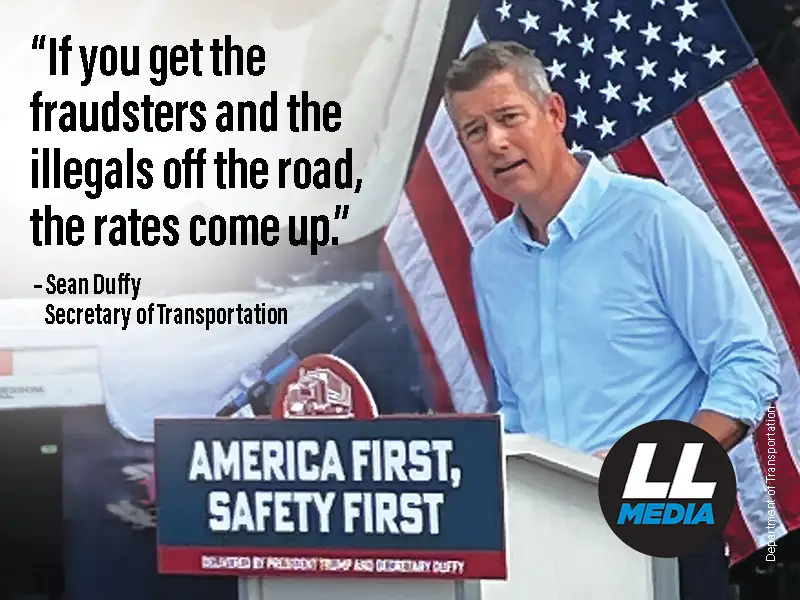 Quote on image: 'If you get the fraudsters and the illegals off the road, the rates come up.' spoken by a transportation official at a podium with an 'America First, Safety First' sign and US flag in the background.
