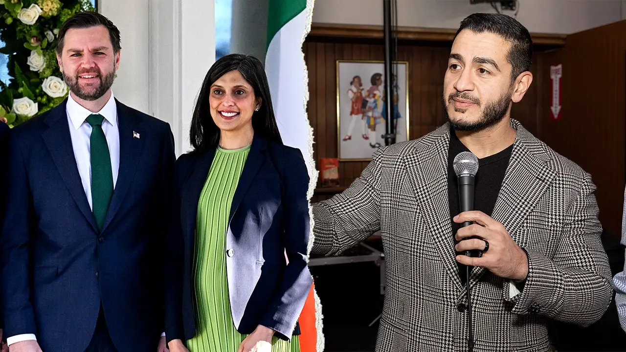 Split image: man in a navy suit and woman in a lime green dress stand together on the left, while a man in a checkered blazer speaks into a microphone on the right.