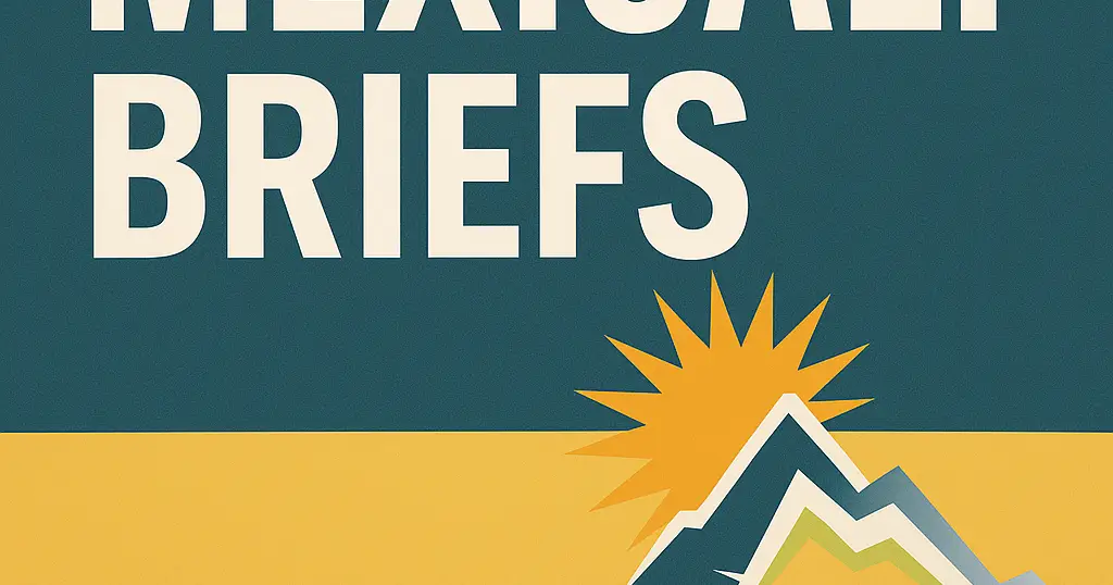 Header graphic reading 'MEDIA BRIEFS' in large white letters on teal, with a yellow sun and stylized mountain illustration.