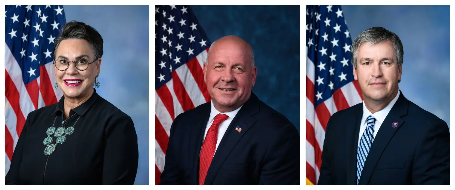 Three professional portraits in front of U.S. flags: a woman on the left, a man in the center, and a man on the right, all in business attire.