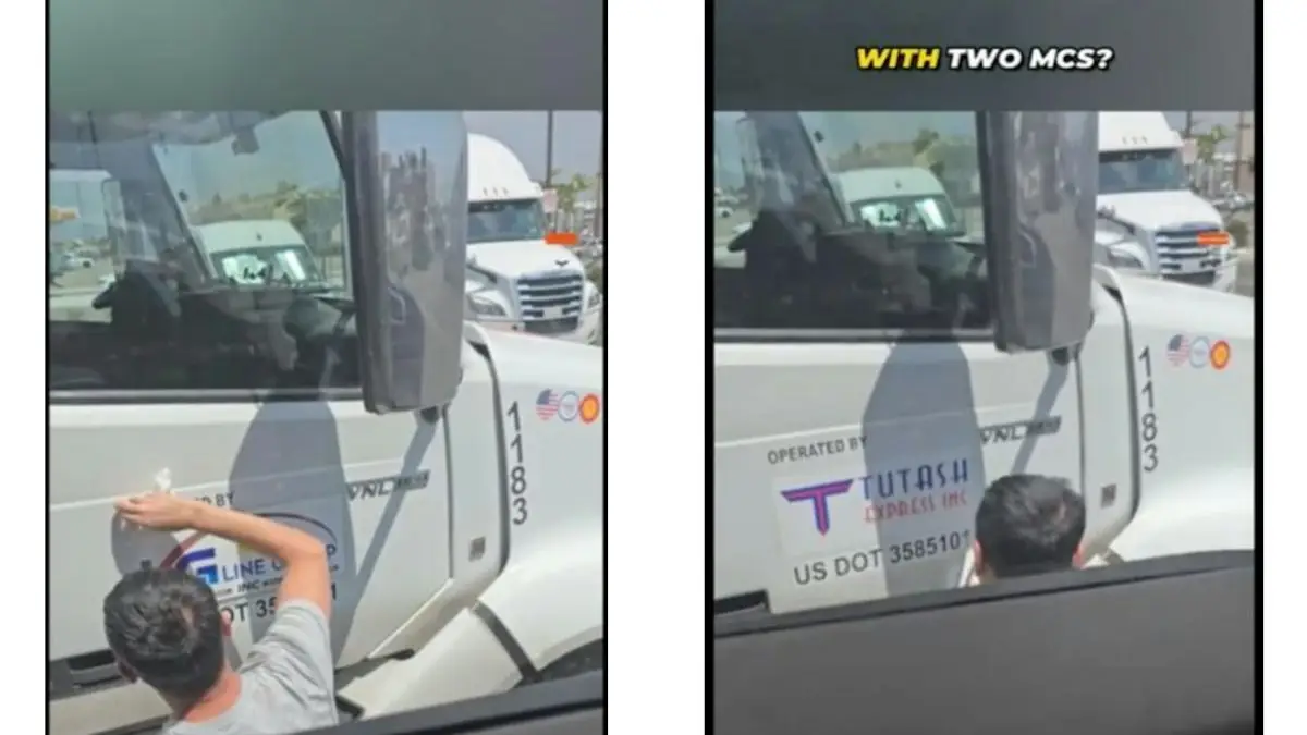 Two side-by-side social media video stills of a man at the door of a white semi-truck showing carrier decals, from Overdrive's report on racketeering allegations against TQL and C.H. Robinson. The claims are allegations only; C.H. Robinson denies them and TQL could not be reached.