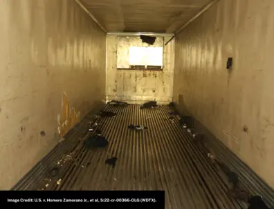Empty tractor-trailer interior from the 2022 San Antonio mass casualty alien smuggling case (image credit: U.S. v. Homero Zamorano Jr., et al., WDTX)