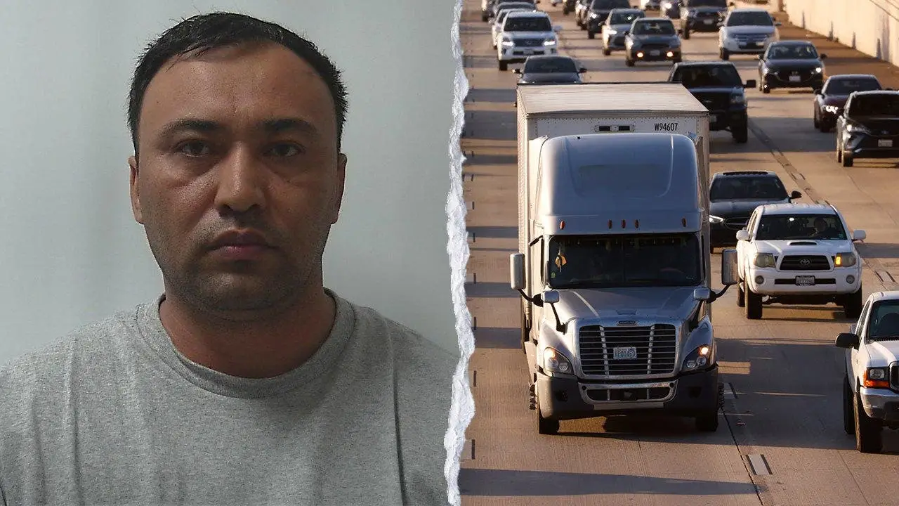 Fox split image, booking-style portrait beside a box truck in highway traffic.